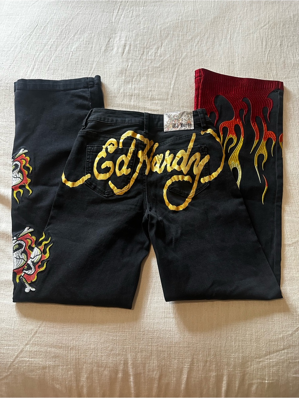 🔥 Ed Hardy Y2K Black Embroidered Flame Skull Wide Leg Jeans